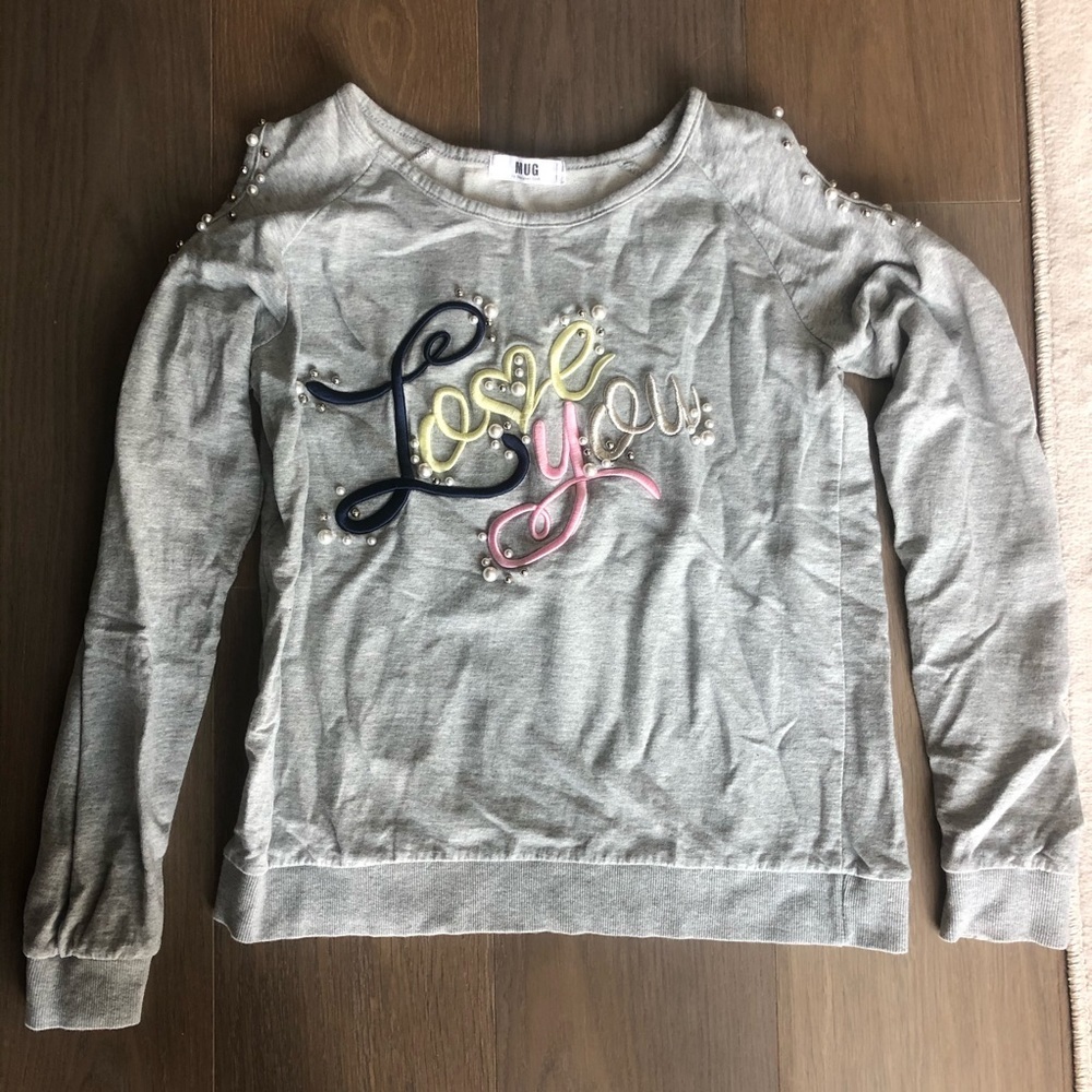 Korean gray sweatshirt open shoulder crewneck pearls pink love you size small